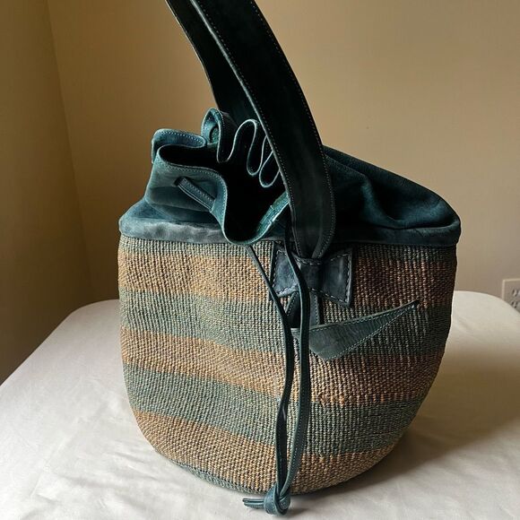 Vintage Woven Sisal &‎ Leather Bucket Bag Teal Blue Boho Beach Market Tote - Picture 3 of 9